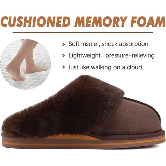 ⚡Women Dark Brown Suede Fluff Dual Memory Foam Arch Support Warm Scuff Slipper - Picture 3 of 6